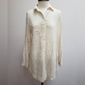 J Crew Cream Tunic Length Cotton Popover Shirt With Roll Tab Sleeves, Size Small